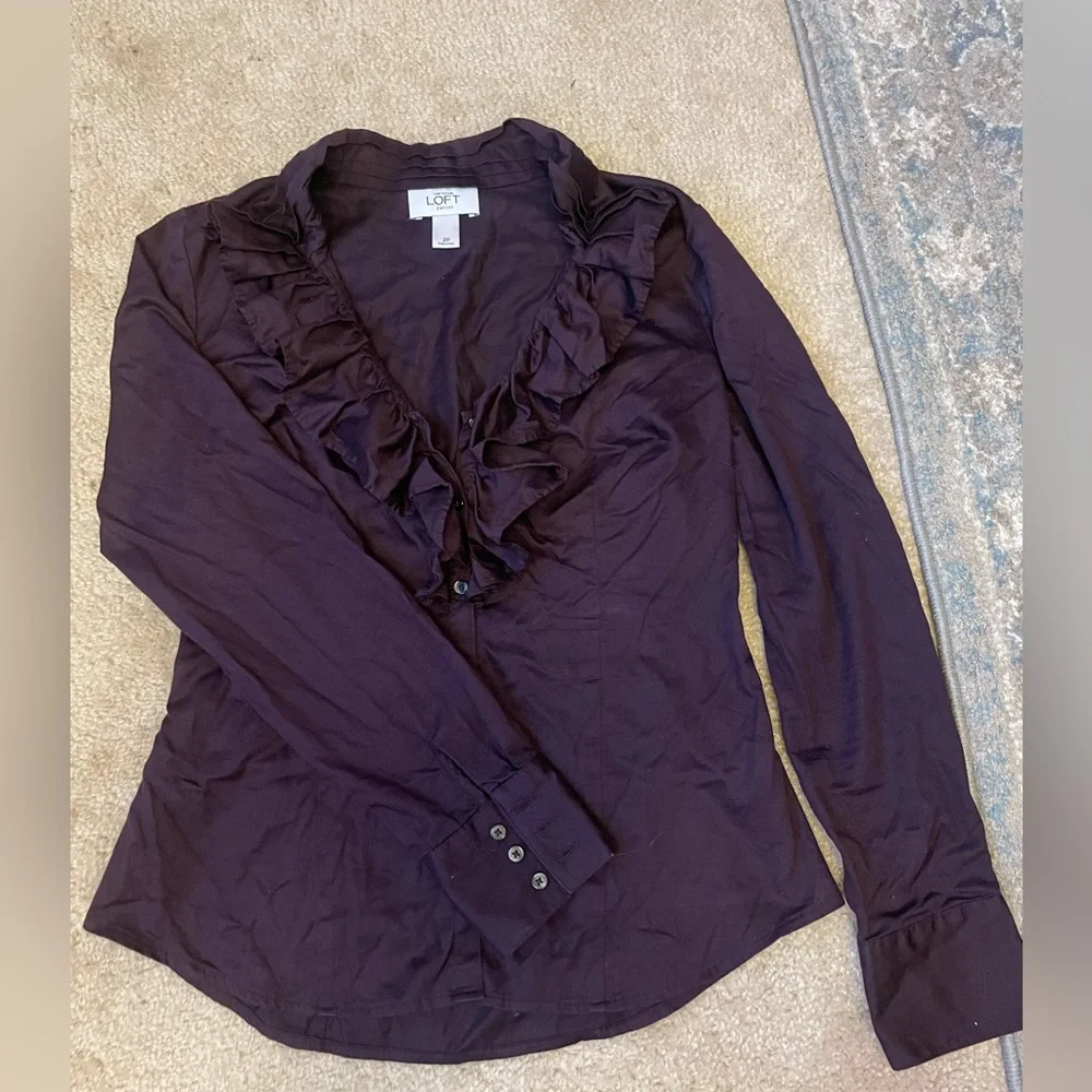 LOFT petite ruffle neck button up blouse - Picture 2 of 7